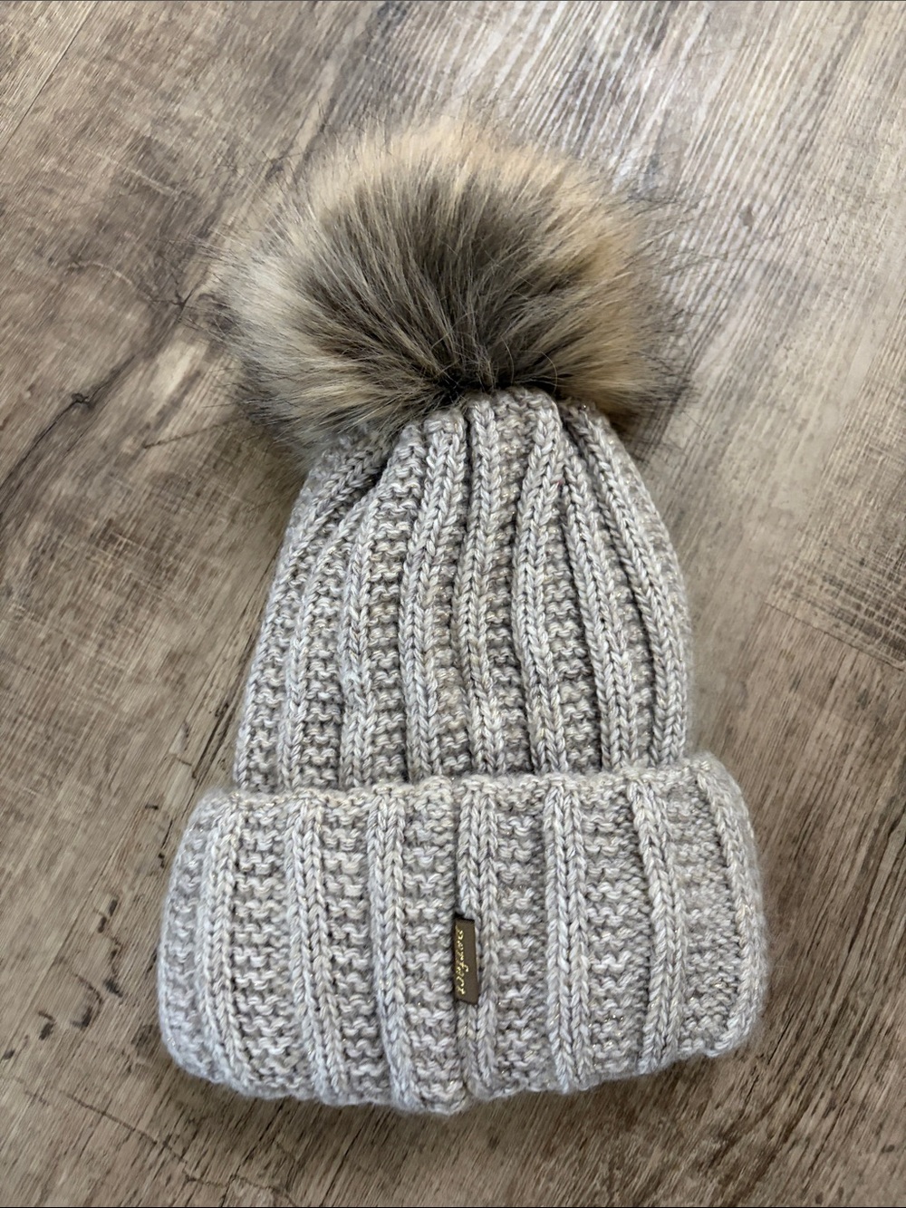 Chunky Rib Knit Pom Beanie in Light Taupe Gray